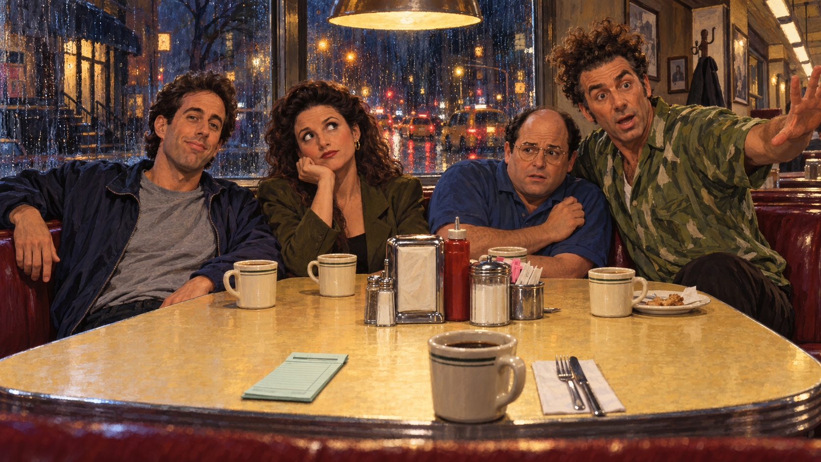Jerry, Elaine, George, and Kramer waiting in a rainy New York diner booth, with an empty place set for Johnny.